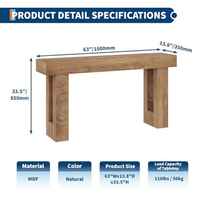 63 Inch Farmhouse Console Table for Entryway, Slim Wood Sofa Side Table, Modern Minimalist Decorative Furniture for Living Room, Hallway, Front Door, Natural