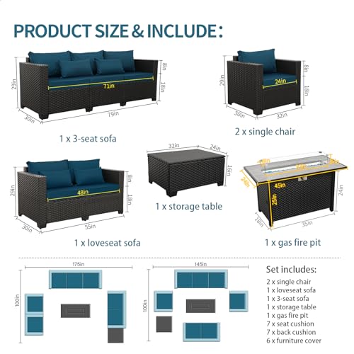 Patio Furniture Set with 45In Fire Pit 6 Pieces Outdoor Furniture Sets Patio Couch Outdoor Chairs 60000 BTU Steel Propane Fire Pit Table No-Slip Cushions and Waterproof Covers, Peacock Blue