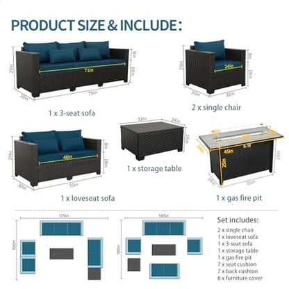 Patio Furniture Set with 45In Fire Pit 6 Pieces Outdoor Furniture Sets Patio Couch Outdoor Chairs 60000 BTU Steel Propane Fire Pit Table No-Slip Cushions and Waterproof Covers, Peacock Blue
