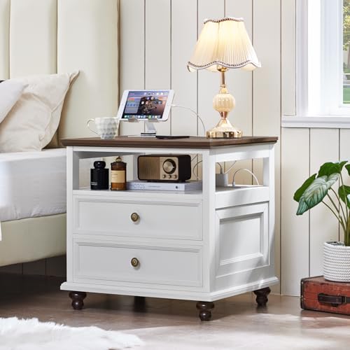 24" Wide Farmhouse Nightstand with Charging Station Set of 2,54" 7 Drawers Dresser, 45" Tall Rustic Chests of 5 Drawers, Farmhouse Furniture Series for Bedroom,White