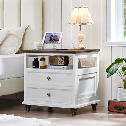 24" Wide Farmhouse Nightstand with Charging Station Set of 2,54" 7 Drawers Dresser, 45" Tall Rustic Chests of 5 Drawers, Farmhouse Furniture Series for Bedroom,White