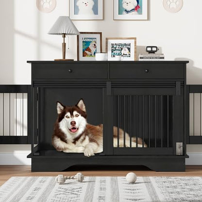 Elegant Wooden Dog Crate Furniture with 2 Storage Drawers, Removable Divider, view 7