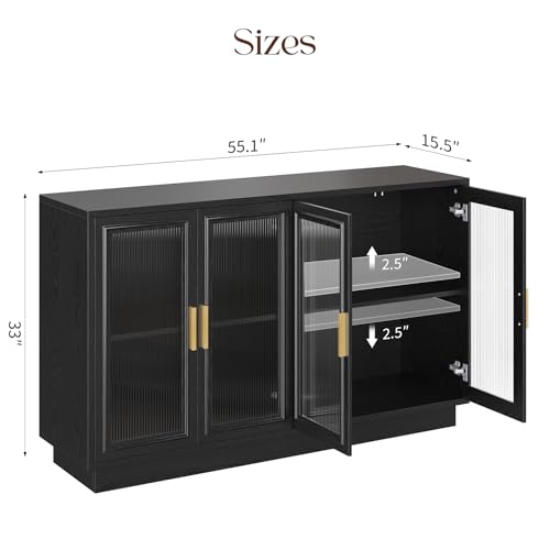 55.1" Sideboard Buffet Cabinet with Storage - LED Sideboard Cabinet, Black, view 3