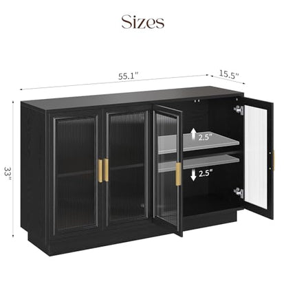 55.1" Sideboard Buffet Cabinet with Storage - LED Sideboard Cabinet, Black, view 3