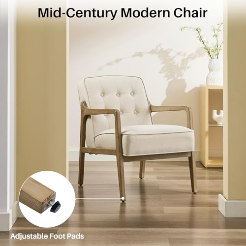 Linen Accent Chair, Mid Century Modern Chair for Living Room, Upholstered Comfy Lounge Armchair with Solid Wood Frame, Reading Side Chair for Bedroom,105°Ergonomic Comfort, White