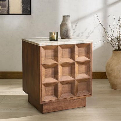 SAFAVIEH Couture Collection - Paxter Walnut & White Marble Top 2-Drawer Nightstand, Modern Storage Bedside Table, Fully Assembled (SFV9758A)