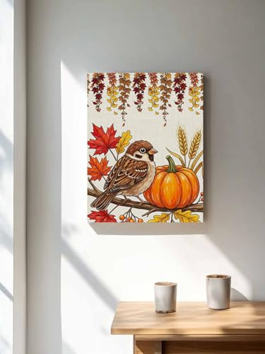NuYeBiofx Thanksgiving Bird Pumpkins Canvas Wall Art Prints,30"x20" Framed Picture Artwork Fall Maple Leaves Printed Canvas Oil Painting for Living Room Bedroom Office,Ready to Hang