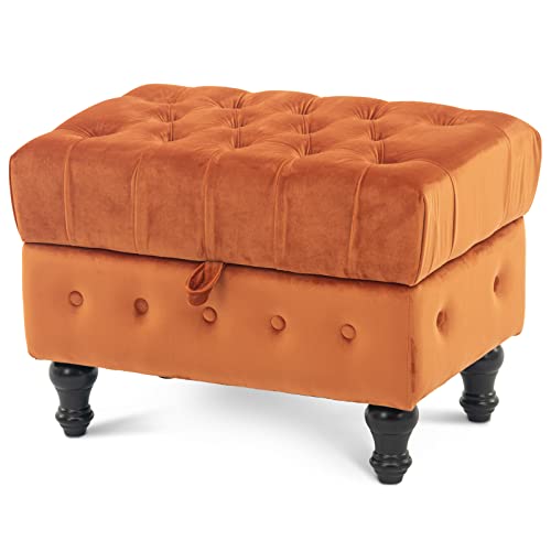 Rectangular Storage Coffee Table Ottoman,Button Tufted Velet Upholstery Footstool Bedroom Ottoman for Living Room, Home Office, Space-Saving Storage Toy Box Stool, Caramel