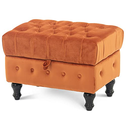 Rectangular Storage Coffee Table Ottoman,Button Tufted Velet Upholstery Footstool Bedroom Ottoman for Living Room, Home Office, Space-Saving Storage Toy Box Stool, Caramel