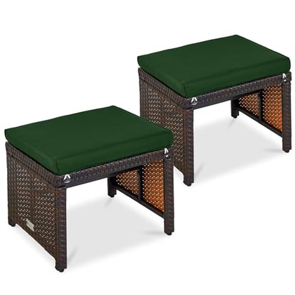 Best Choice Products Set of 2 Wicker Ottomans, Multipurpose Outdoor Furniture for Patio, Backyard, Additional Seating, Footrest, Side Table w/Removable Cushions, Steel Frame - Midnight Green/Brown