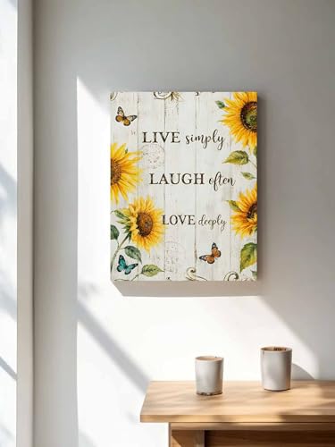 NuYeBiofx Rustic Sunflower Butterfly Live Quote Canvas Wall Art Prints,30"x20" Framed Picture Artwork Floral Retro Wood Plank Printed Canvas Oil Painting for Living Room Bedroom Office,Ready to Hang