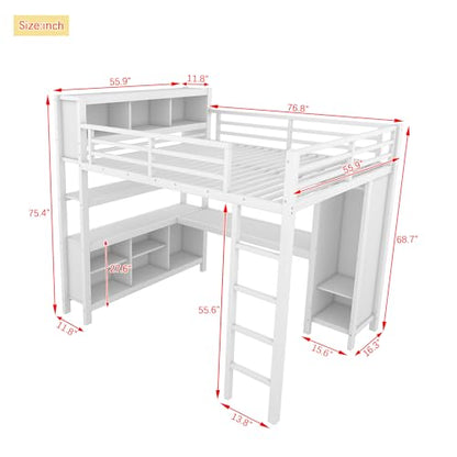 JIVOIT Full Size Loft Bed with L-Shaped Desk, Storage Cubes and Shelves, Heavy Duty Metal Loft Bed with Wardrobe for Kids Teens Adults, No Box Spring Needed (White/ Full,76)