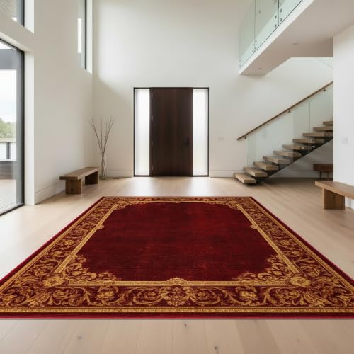 Design&I 3'x5' Red Gold Deep Vintage Distressed Washable Accent Rug | Elegant Frame Border with Old World Charm for Bedroom, Walk-in Closet, Pet Friendly & Non-Slip Built-In Grip