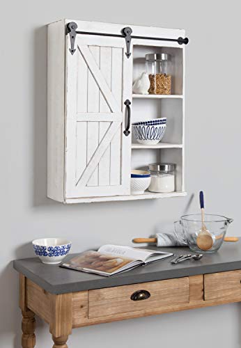 Cates Modern Farmhouse Decorative Wood Wall Storage Shelving Cabinet with Sliding Barn Door, Rustic White