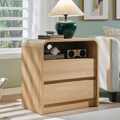 25" Tall Modern Nightstand with Charging Station, 23.6'' Wide Wood Bedside Table w/2 Storage Drawers, Large Mid Century End Table for Bedroom, Living Room, Curved Profile Design,Natural Oak