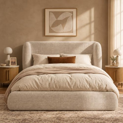 Queen Platform Bed Frame, Upholstered Queen Bed Frame with Headboard, view 2