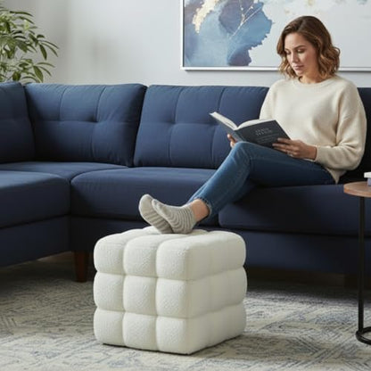 White Sherpa Square Ottoman - 17.3" Large Boucle Cube Pouf with Sturdy Wood Frame, 330lbs Capacity Modern Fuzzy Vanity Stool & Footrest for Living Room, Bedroom - Fully Assembled