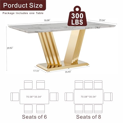 Marble Dining Table for 6 People, 70'' Rectangle Faux Marble Dining Table with Mirrored Stainless Steel Base, Large Size Marble Kitchen Table (Gold,White)(only Table)