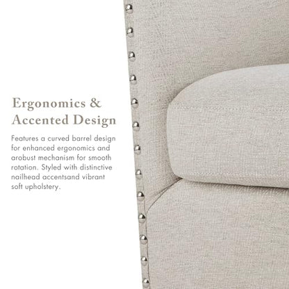 Swivel Barrel Accent Chair, Upholstered Curved Back with 7-Inch Thick Woven Cushion, 360° Swivel, Nailhead Trim, Comfy Chair for Living Room, Bedroom, Office, 28" Wide, Neutral, Tyler