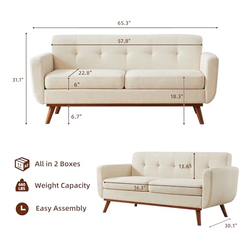 Loveseat Sofa, Mid-Century Love Seat Couches, Boucle Small Sofa for Living Room, Bedroom, Office, Button Tufted Upholstered Furniture, Beige