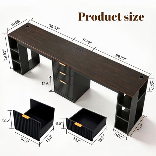 96.5" 2 Person Desk with Power Outlet & USB Ports, Double Computer Desk with Drawers & Storage Shelves, Modern Fluted Gaming Desk for Home Office, Black