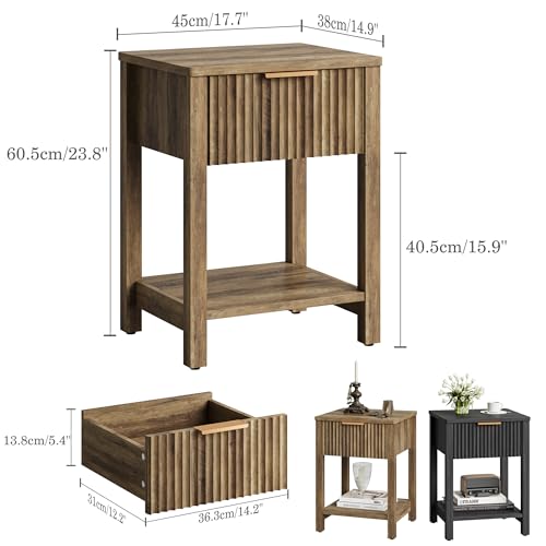 Fluted Nightstand with Drawer, Modern Beside Table with Open Shelf, Wood Brown Night Stand, Large Side Table, Curved Edge, End Table for Couch Bedroom Living Room (1, Brown) BNS102YW