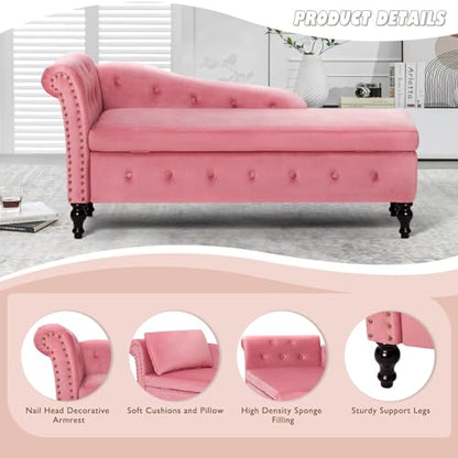 Velvet Chaise Lounge w/Left Armrest & Storage Space, Pink, view 5