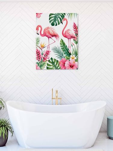 NuYeBiofx Flamingo Coastal Monstera Floral Canvas Wall Art Prints,30"x20" Framed Picture Artwork Tropical Palm Leaves Printed Canvas Oil Painting for Living Room Bedroom Office,Ready to Hang