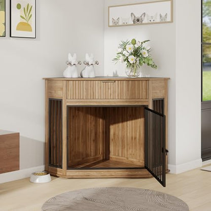 Corner Dog Crate Furniture for Small Dogs, Kennel End Table with Drawer, view 5