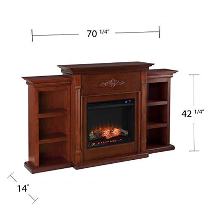 Tennyson Touch Screen Electric Fireplace with Book Shelves - Mahogany - Transitional Design, Brown Glass and Wood - Ideal for Living Room, Bedroom (FR8547)