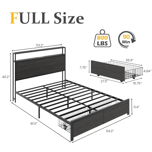 Full Bed Frame with Charging Station, LED Lights, 2 Drawers, Rustic Grey, view 3