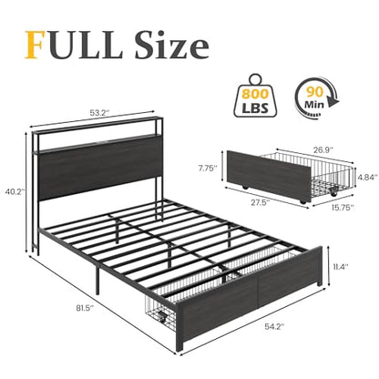 Full Bed Frame with Charging Station, LED Lights, 2 Drawers, Rustic Grey, view 3
