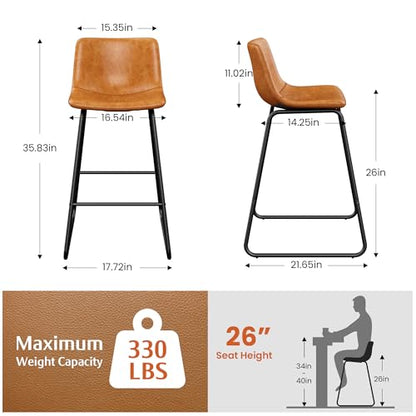 Bar Stools Set of 4, 26" PU Leather Counter Height Barstool, Brown, view 4