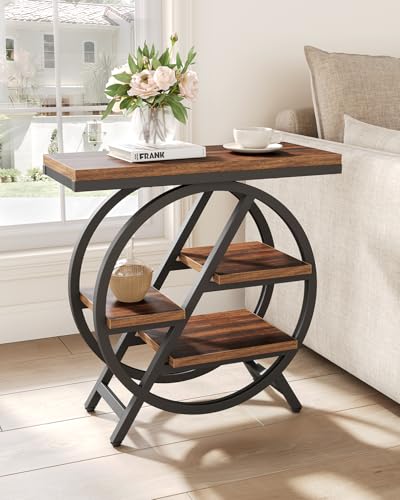 Industrial End Table, Narrow Side Table with 4-Tier Large Storage Space, Modern Bedside Table for Living Room, Home Office, Bedroom, Brown