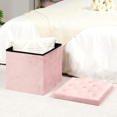 Storage Ottoman Cube, Velvet Tufted Folding Ottomans with Lid, Footstool Rest Padded Seat for Bedroom (Pink, Medium)