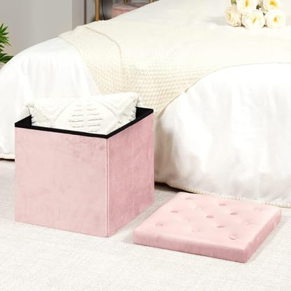 Storage Ottoman Cube, Velvet Tufted Folding Ottomans with Lid, Footstool Rest Padded Seat for Bedroom (Pink, Medium)