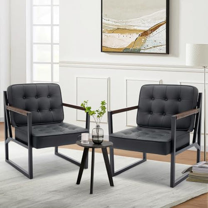 Mid Century Modern Accent Chair Set of 2, Comfy Living Room Chair, Black Leather Accent Chair, Faux Leather Reception Armchair with Metal Legs for Living Room Bedroom Reception Office, Black