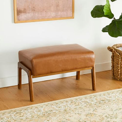 15.5"(H) Footrest Stool, Leatherette Ottoman, Accent Padded Sofa Foot Stool for Accent Chair, Wood Frame Foot Rest Ottoman for Living Room, Bedroom, Yellowish-Brown