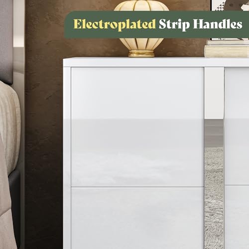 3 Piece Bedroom Set, Two 23.6" Nightstands & 6-Drawer Dresser, Silent Glide Drawers & Metal Handles, Modern High Gloss UV Finish, Dresser Set for Bedroom, White