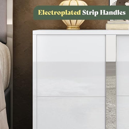 3 Piece Bedroom Set, Two 23.6" Nightstands & 6-Drawer Dresser, Silent Glide Drawers & Metal Handles, Modern High Gloss UV Finish, Dresser Set for Bedroom, White
