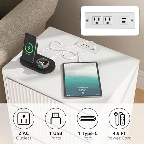 (Set of 2) End Table with Fast USB C Charging Station, Sofa Side Table with 3Drawers, Large Storage Modern Wood Storage Cabinet for Living Room,Bedroom,Office, White