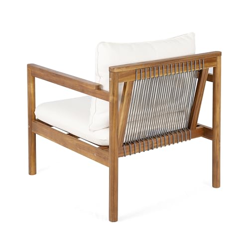 Krixi Acacia Wood Lounge Chair Outdoor with Rope Accent, Accent Chair with Water-Repellent Cushions, Comfy Chairs for Garden/Backyard, Heavy Duty Patio Furniture, Teak + Cream