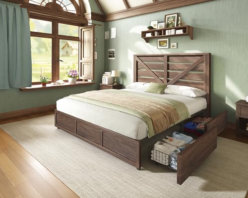 King Size Farmhouse Storage Bed Frame with Headboard & 4 Drawers, view 6
