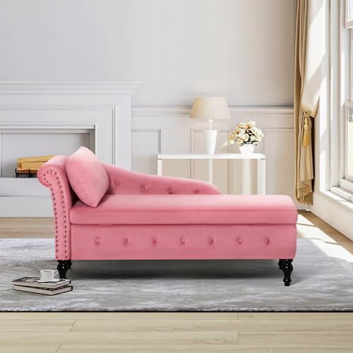 Velvet Chaise Lounge w/Left Armrest & Storage Space, Pink, view 8