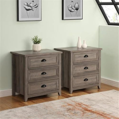 Hazel 2-Piece Modern Farmhouse 3 Drawer Framed Nightstand with Half-Moon Handles Set of 2 Grey Wash