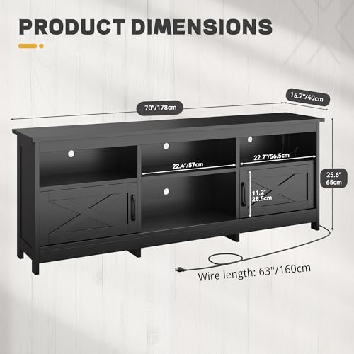 70" Farmhouse TV Stand for 70-80" TVs with LED, Living Room, Black, view 3