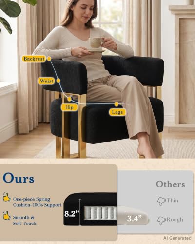 Mid Century Modern Accent Chair Set of 2, Barrel, Black Boucle, Gold Leg