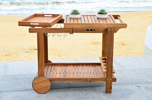 Safavieh -Outdoor Collection Orland Natural Wood Tea Trolley Cart, view 6