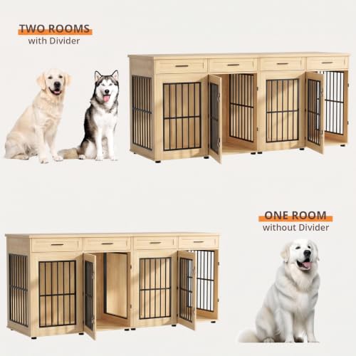 87"Dog Crate Furniture for 2 Dogs, Double Dog Cage Furniture,Natural, view 8