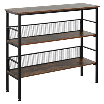 Black three tier industrial metal and wood console table, view 2